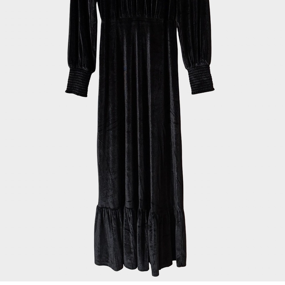 Baltic Born Black Velvet Maxi Dress Mock Neck Smocked Cuff Small Gothic Witchy - Picture 4 of 10